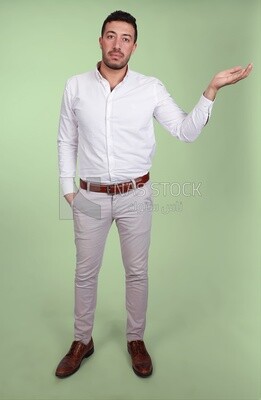 Portrait of a man wearing formal wear pointing away, business development and partnerships, business meeting, Model