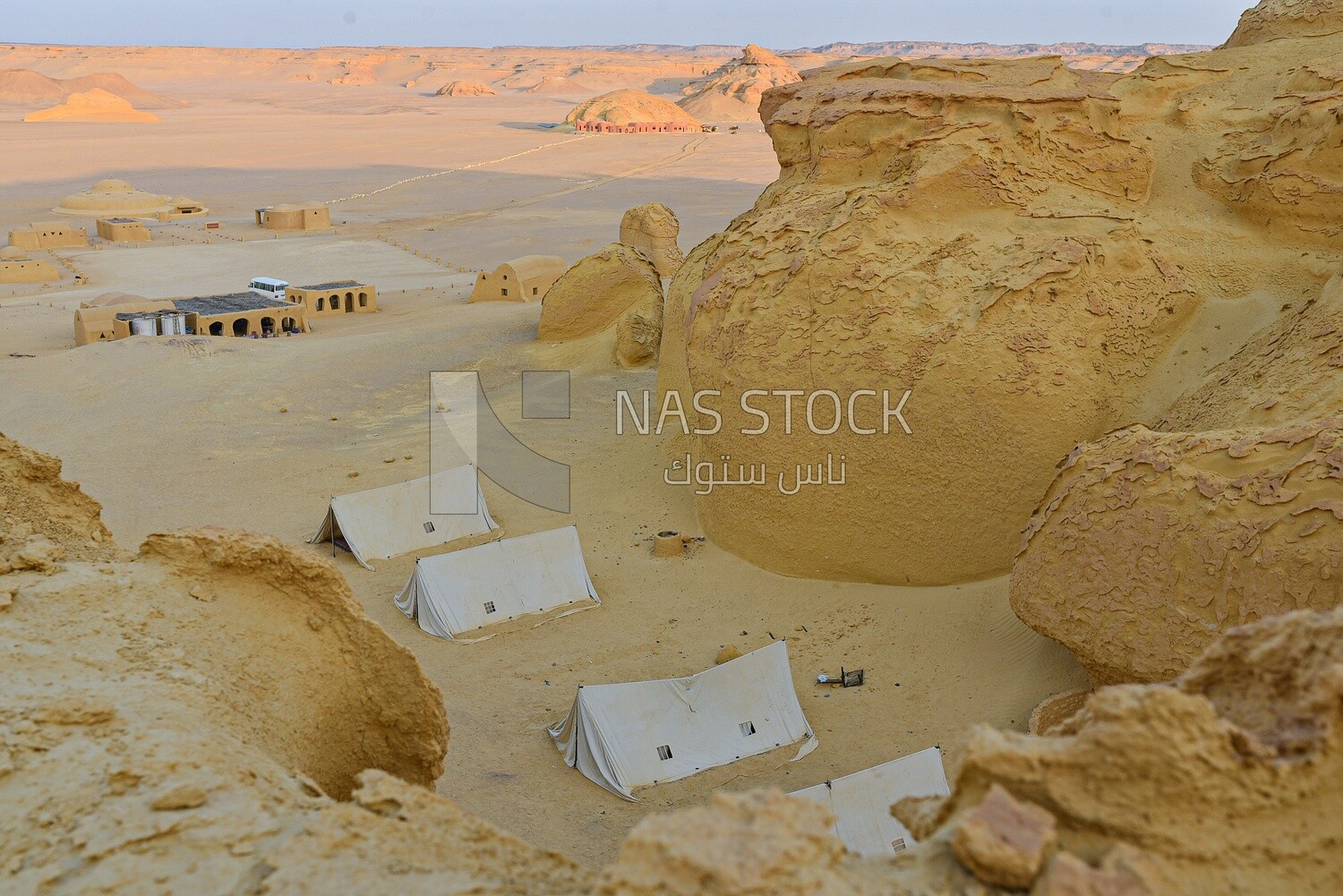 Bedouin tents among the mountains in Wadi El Hitan, Egypt