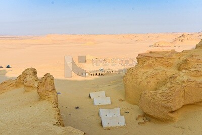 A scene of a Bedouin house and Bedouin tents in Wadi El Hitan, Egypt