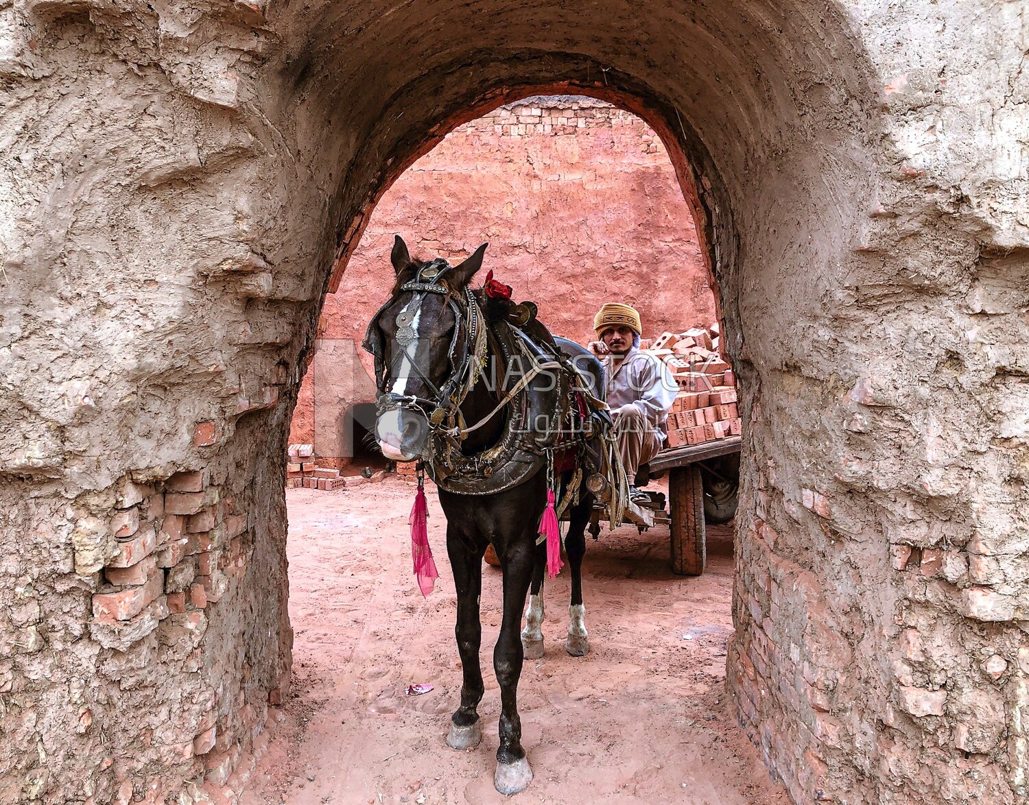 A man riding a horse cart, which he uses to transport bricks