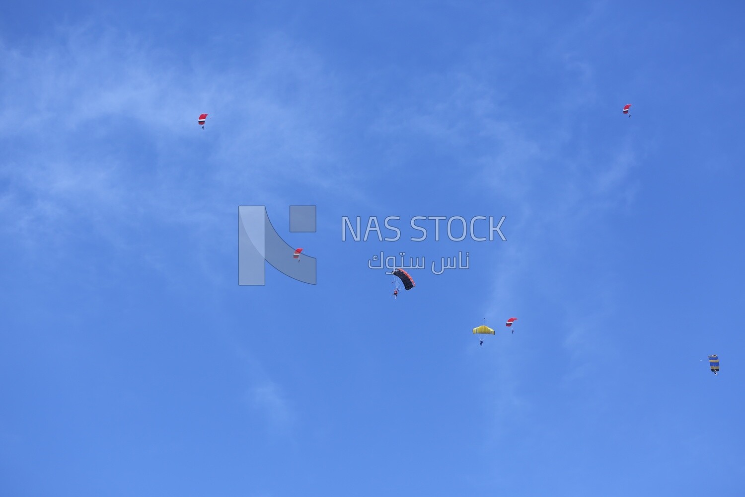 Scene of a person flying in the sky wearing a parachute