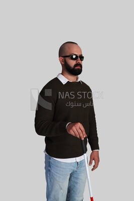 blind man sitting on a chair, wearing glasses and holding a walking stick