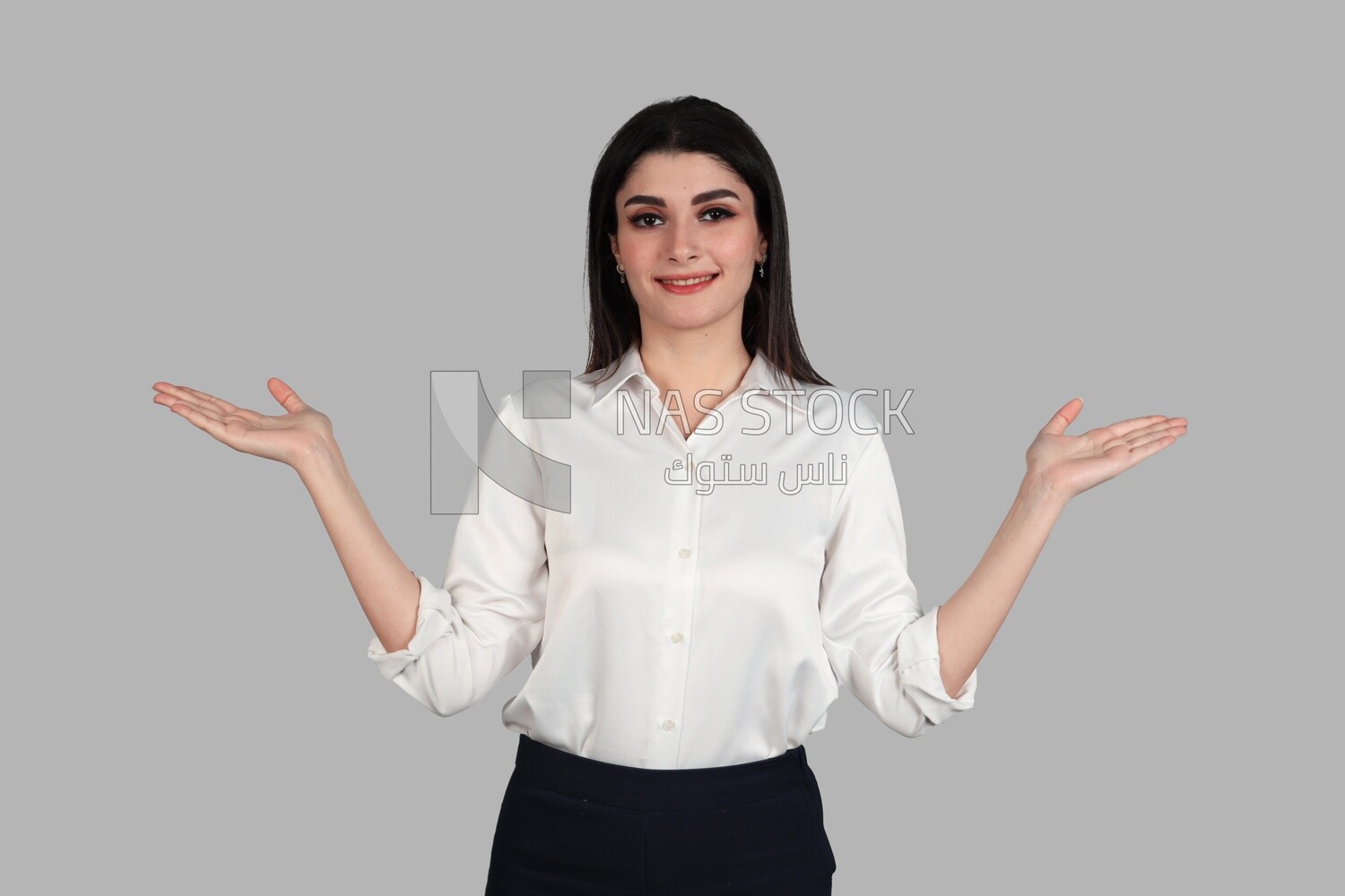 Photo of a businesswoman with formal wear standing with a hand gesture, business development and partnerships, business meeting, Model
