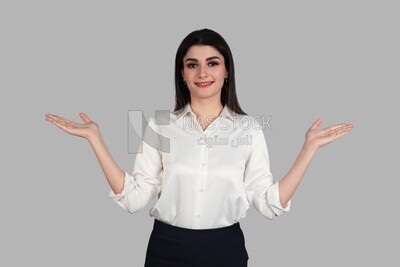 Photo of a businesswoman with formal wear standing with a hand gesture, business development and partnerships, business meeting, Model