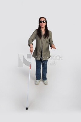 blind woman walking with a white cane, patient, medicine and health care concept, medical professions and jobs.