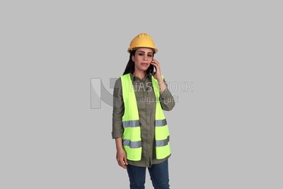 woman engineer holding a mobile phone, a construction engineer wearing a work safety suit, work helmet, work uniform, construction project, white background