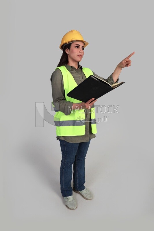 woman engineer holding a construction plan in her hand, a construction engineer wearing a work safety suit, work helmet, work uniform, construction project, white background