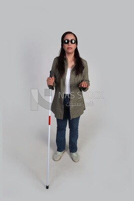 blind woman walking with a white cane, patient, medicine and health care concept, medical professions and jobs.