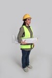 woman engineer holding a construction plan in her hand, a construction engineer wearing a work safety suit, work helmet, work uniform, construction project, white background