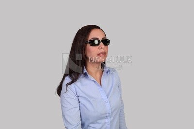 close up of a blind woman walking with a white cane, patient, medicine and health care concept, medical professions and jobs, disabled people