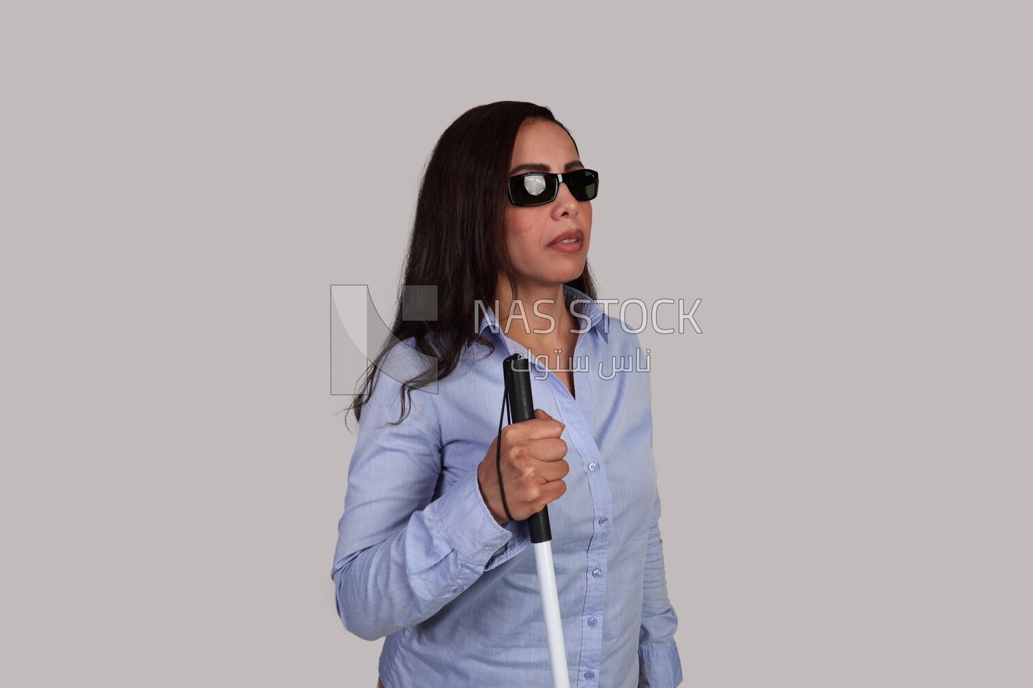 close up of a blind woman walking with a white cane, patient, medicine and health care concept, medical professions and jobs, disabled people