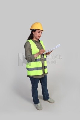 woman engineer holding a construction plan in her hand, a construction engineer wearing a work safety suit, work helmet, work uniform, construction project, white background