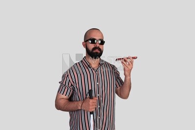 blind man walking with a white cane holding his mobile, patient, medicine and health care concept, medical professions and jobs, disabled people