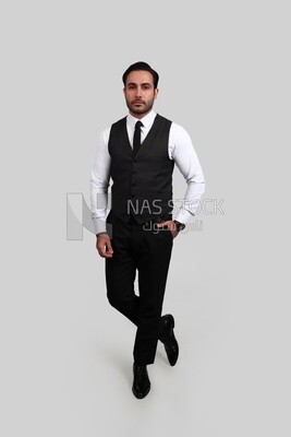 Photo of a businessman with a formal suit putting his hand in his pocket, business development and partnerships, business meeting, Model