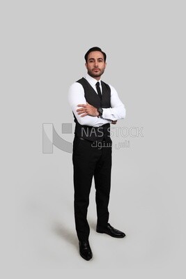 Photo of a businessman with a formal suit with crossed hands, business development and partnerships, business meeting, Model