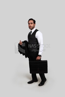 Photo of a businessman with a formal suit holding a leather bag, business development and partnerships, business meeting, Model