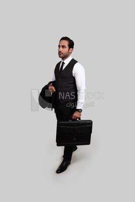 Photo of a businessman with a formal suit holding a leather bag, business development and partnerships, business meeting, Model