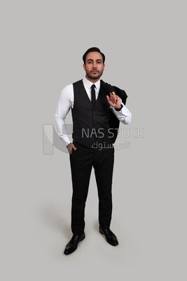 Photo of a businessman with a formal suit putting his hand in his pocket, business development and partnerships, business meeting, Model