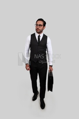 Photo of a businessman with a formal suit holding a leather bag, business development and partnerships, business meeting, Model