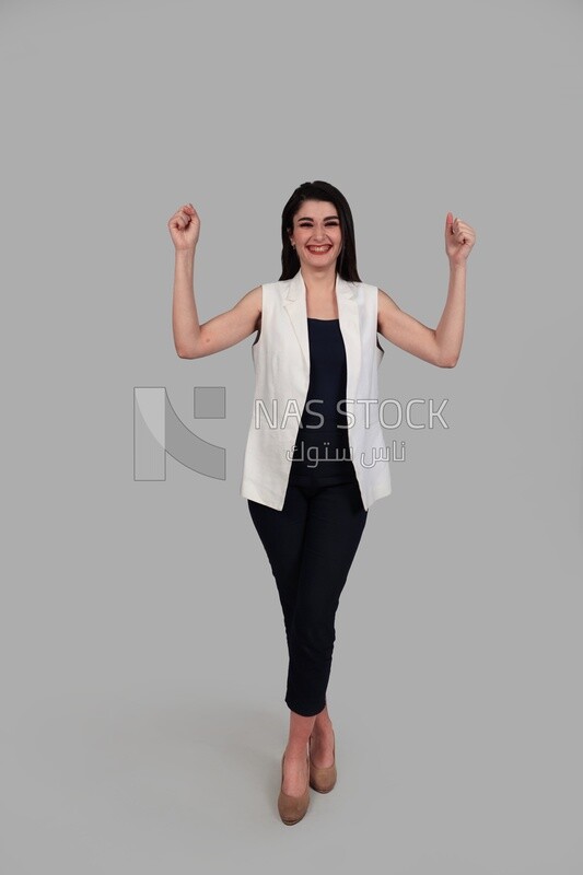Photo of a businesswoman with formal wear standing with a hand gesture, business development and partnerships, business meeting, Model