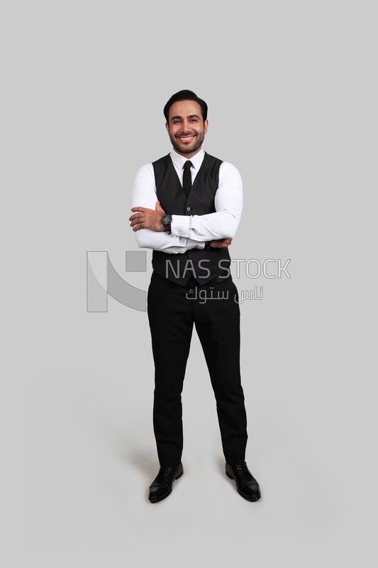 Photo of a businessman with a formal suit with crossed hands, business development and partnerships, business meeting, Model