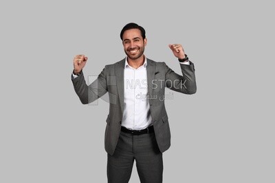 Photo of a businessman with a formal suit with hand gesture, business development and partnerships, business meeting, Model