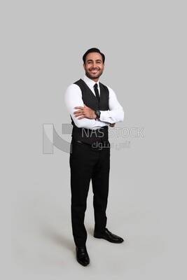 Photo of a businessman with a formal suit with crossed hands, business development and partnerships, business meeting, Model