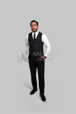 Photo of a businessman with a formal suit putting his hand in his pocket, business development and partnerships, business meeting, Model