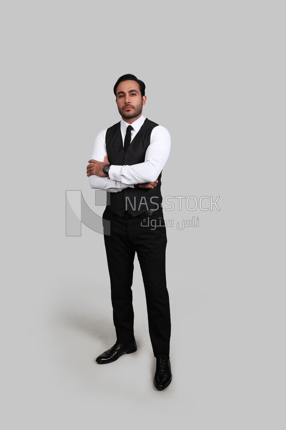 Photo of a businessman with a formal suit with crossed hands, business development and partnerships, business meeting, Model