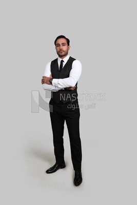 Photo of a businessman with a formal suit with crossed hands, business development and partnerships, business meeting, Model