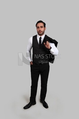 Photo of a businessman with a formal suit putting his hand in his pocket, business development and partnerships, business meeting, Model