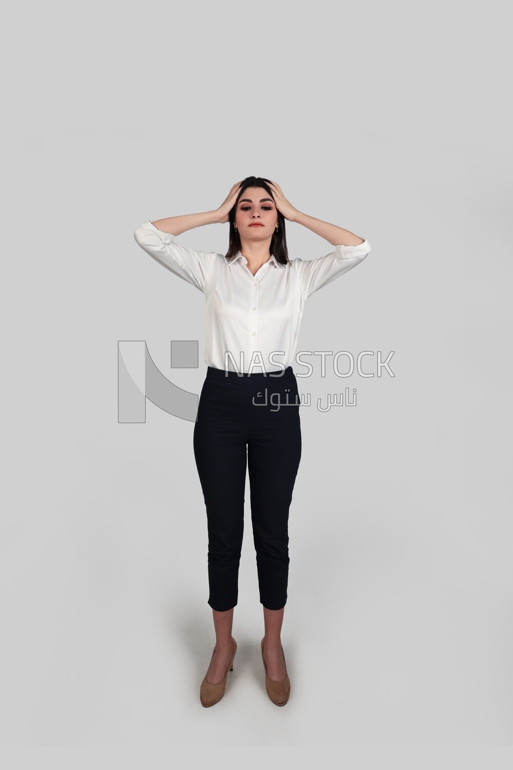 Photo of a businesswoman with formal wear putting her hand on her head looks like she is feeling a headache, business development and partnerships, business meeting, Model