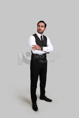 Photo of a businessman with a formal suit with crossed hands, business development and partnerships, business meeting, Model
