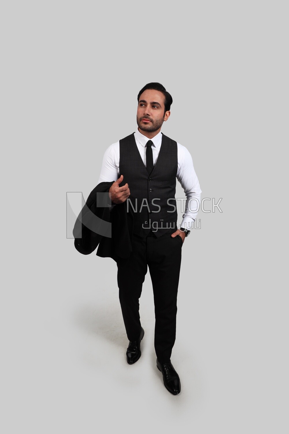 Photo of a businessman with a formal suit putting his hand in his pocket, business development and partnerships, business meeting, Model