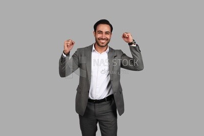 Photo of a businessman with a formal suit with hand gesture, business development and partnerships, business meeting, Model