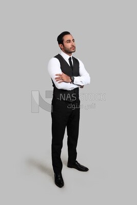 Photo of a businessman with a formal suit with crossed hands, business development and partnerships, business meeting, Model