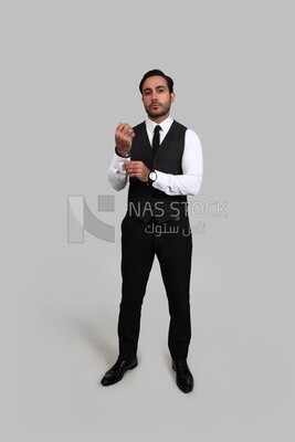Photo of a businessman with a formal suit fastening buttons on shirt sleeve, business development and partnerships, business meeting, Model