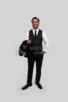 Photo of a businessman with a formal suit putting his hand in his pocket, business development and partnerships, business meeting, Model