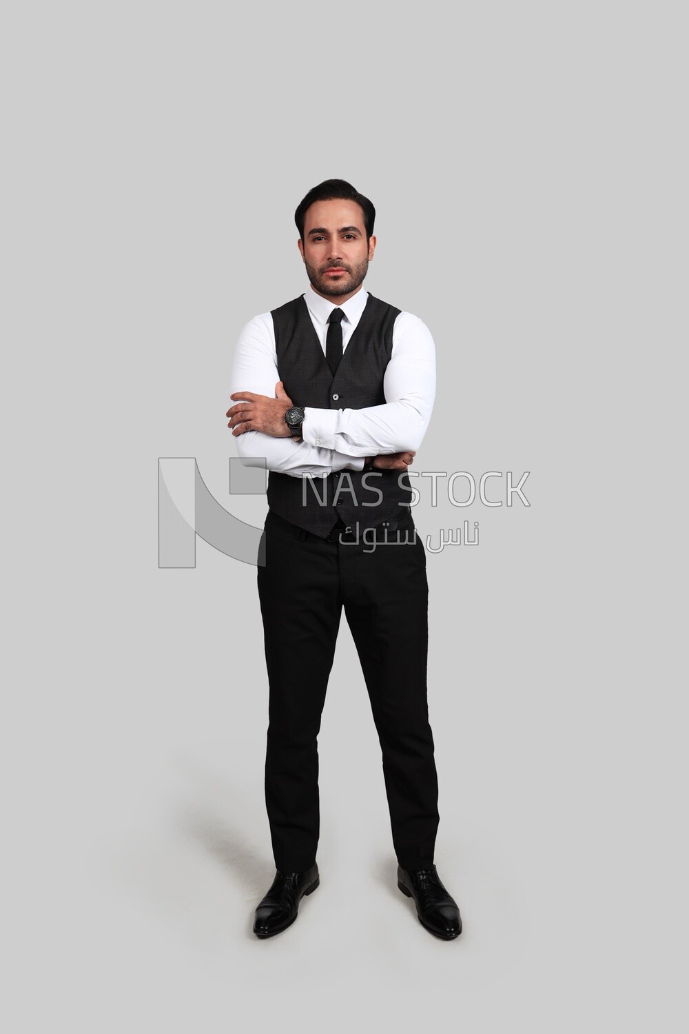 Photo of a businessman with a formal suit with crossed hands, business development and partnerships, business meeting, Model