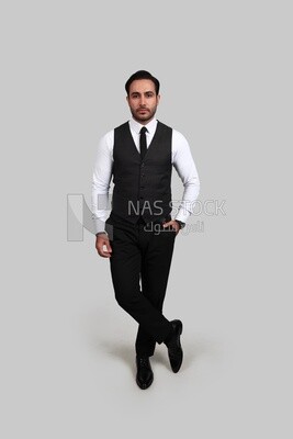 Photo of a businessman with a formal suit putting his hand in his pocket, business development and partnerships, business meeting, Model