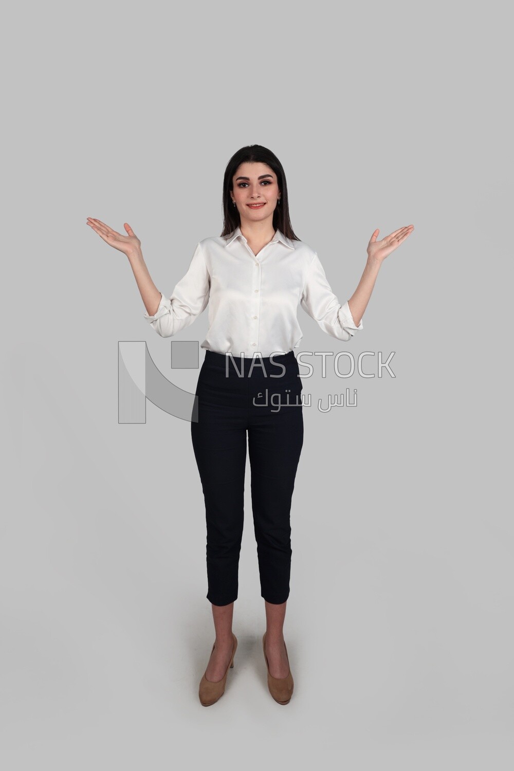 Photo of a businesswoman with formal wear pointing away, business development and partnerships, business meeting, Model