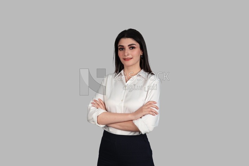 Photo of a businesswoman with formal wear with crossed hands, business development and partnerships, business meeting, Model