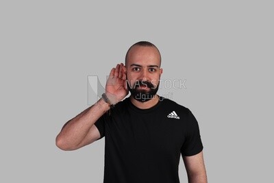 Man cupping his ear having difficulty hearing, disabled people, patients, sign language, Model