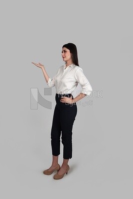 Photo of a businesswoman with formal wear pointing away, business development and partnerships, business meeting, Model