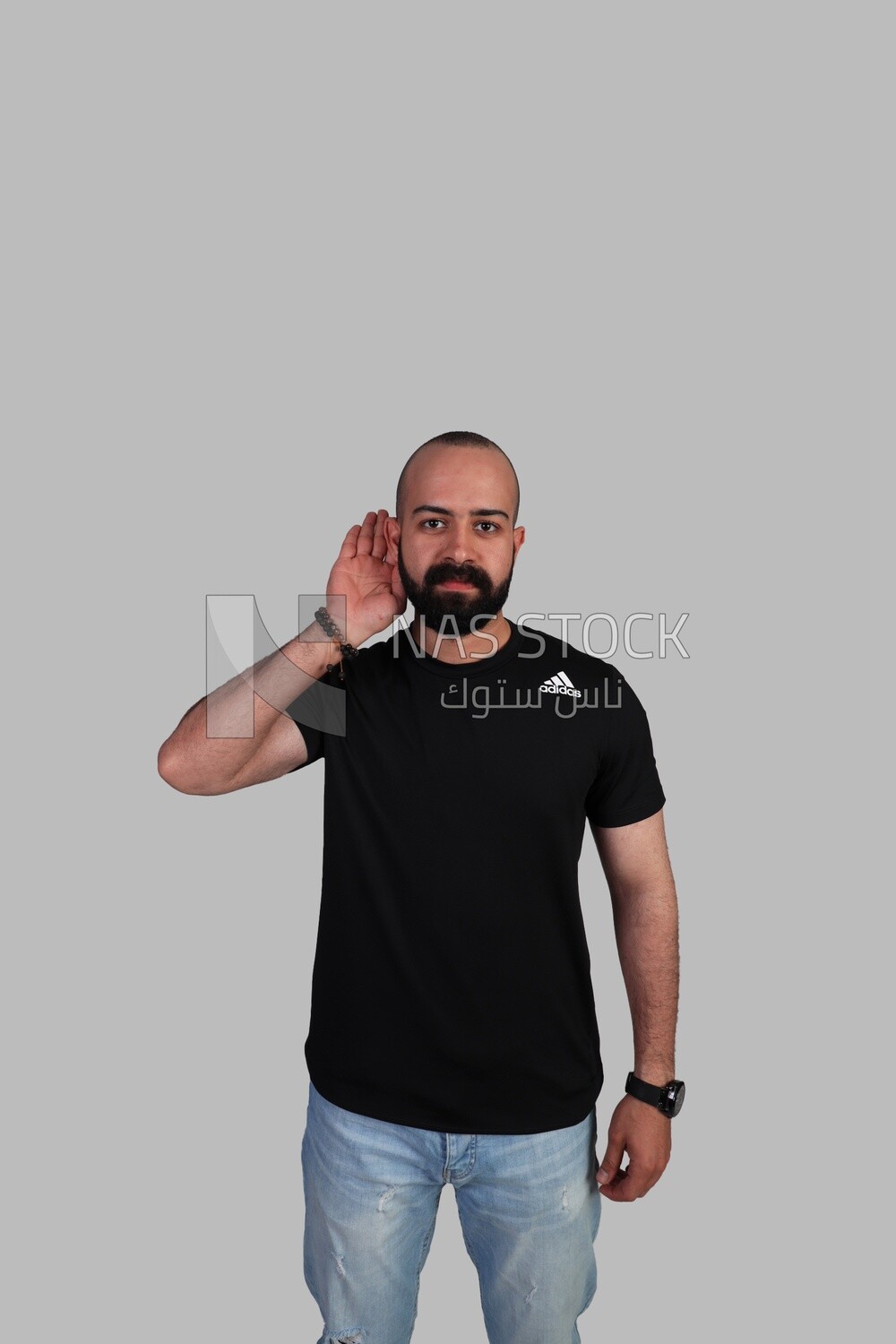 Man cupping his ear having difficulty hearing, disabled people, patients, sign language, Model