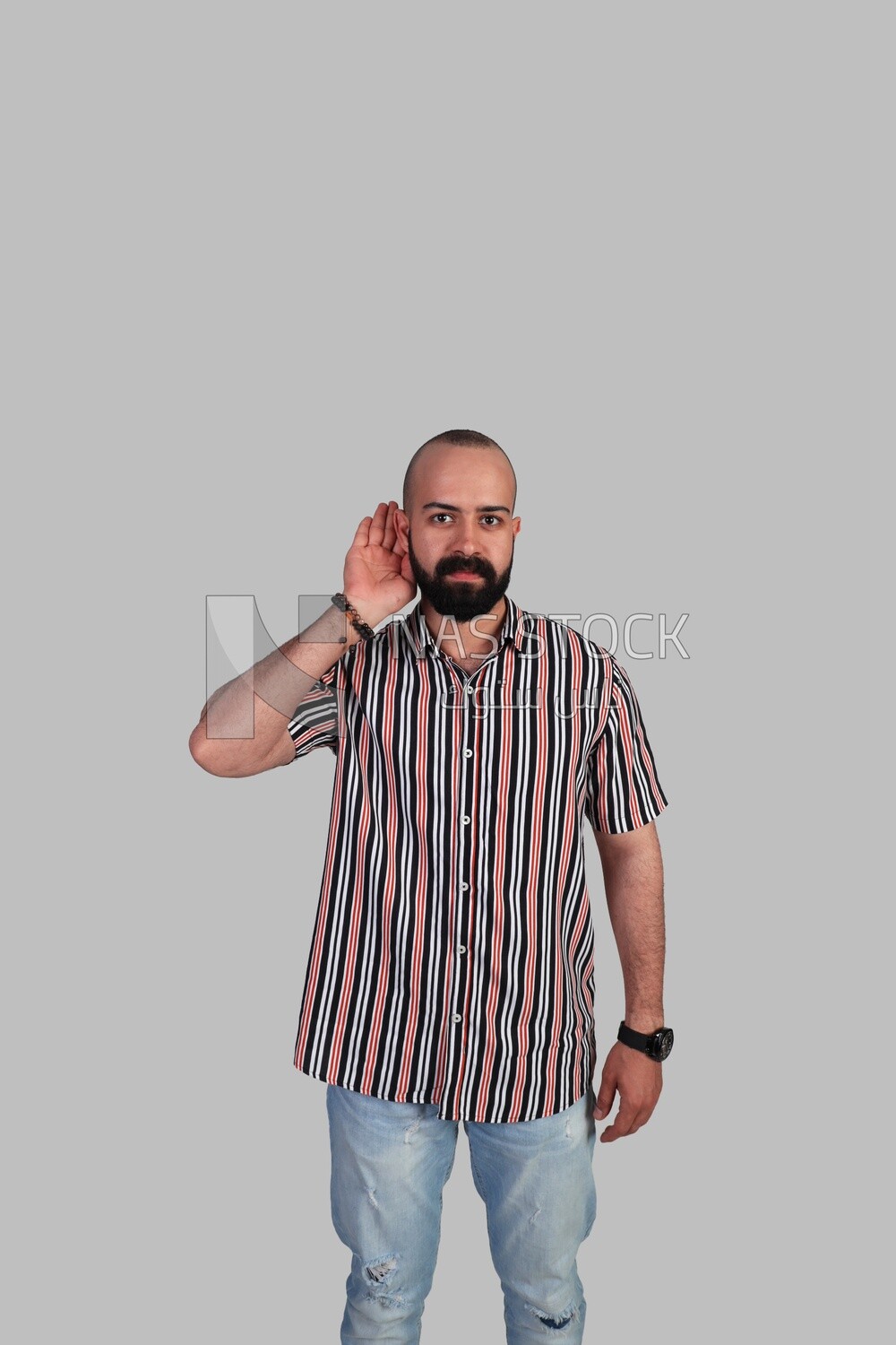 Man cupping his ear having difficulty hearing, disabled people, patients, sign language, Model