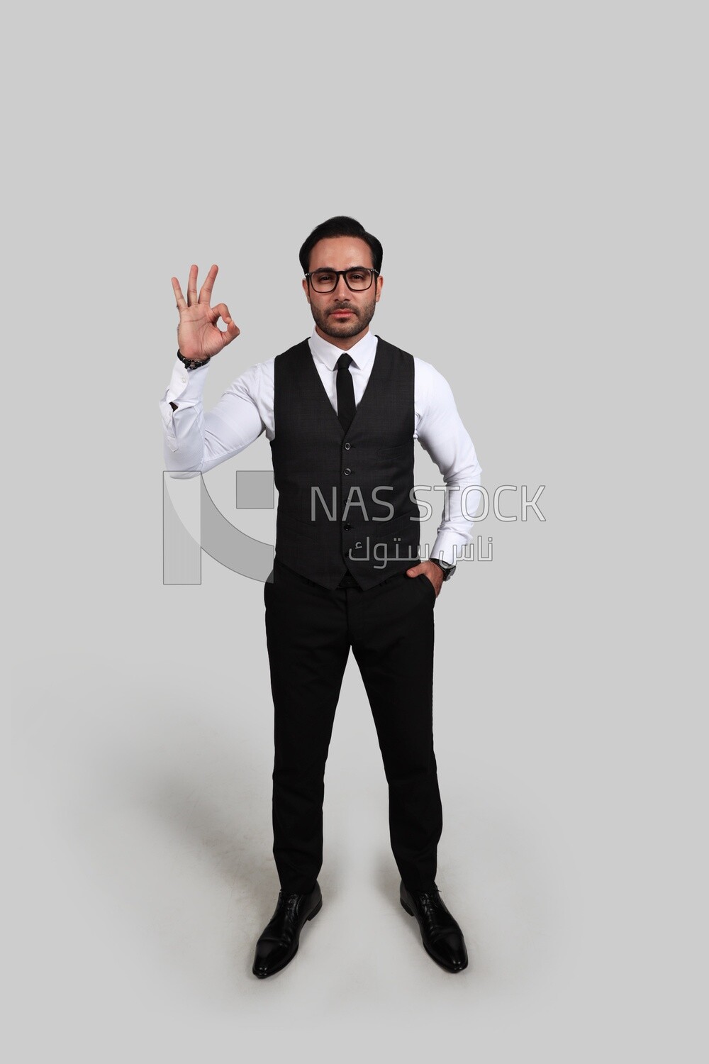 Photo of a businessman with a formal suit with hand gesture, business development and partnerships, business meeting, Model