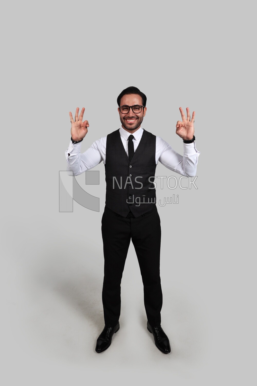 Photo of a businessman with a formal suit with hand gesture, business development and partnerships, business meeting, Model