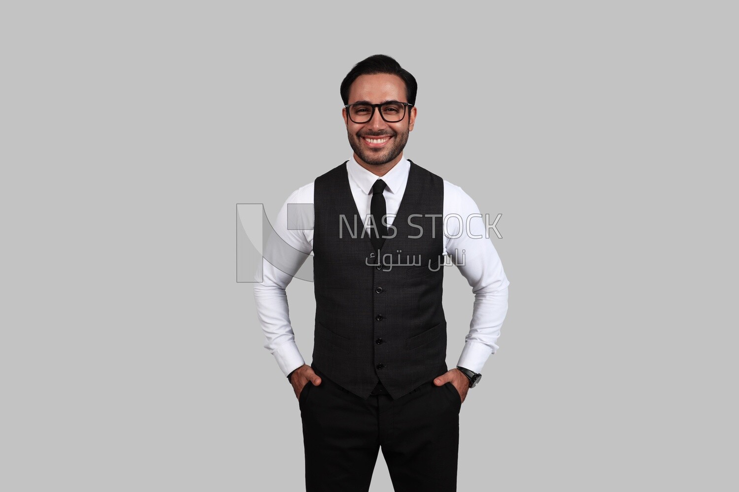 Photo of a businessman with a formal suit putting his hand in his pocket, business development and partnerships, business meeting, Model