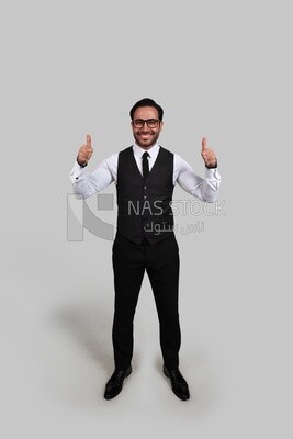 Photo of a businessman with a formal suit with hand gesture, business development and partnerships, business meeting, Model